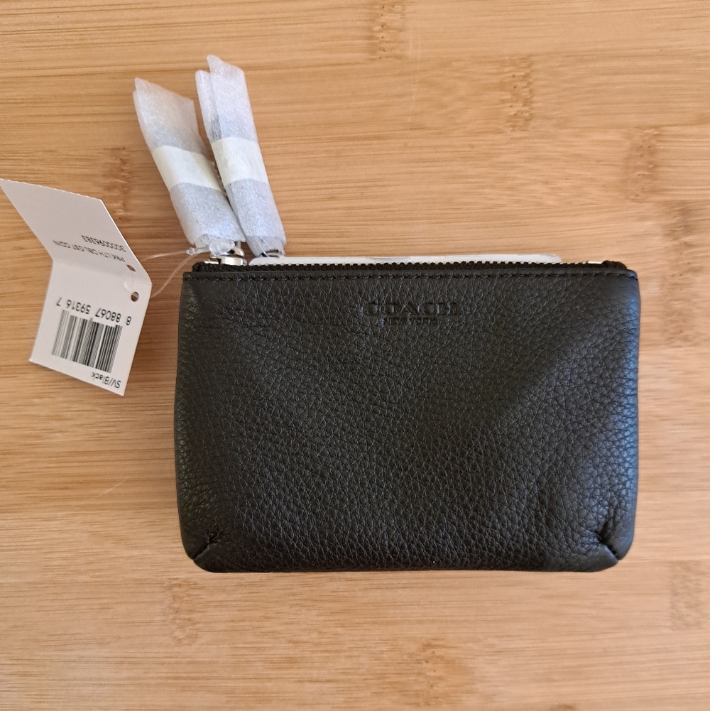🔥NWT, COACH Park Pebbled Leather Double Gusset Zip Coin Wallet In Black, Silver - Picture 4 of 13